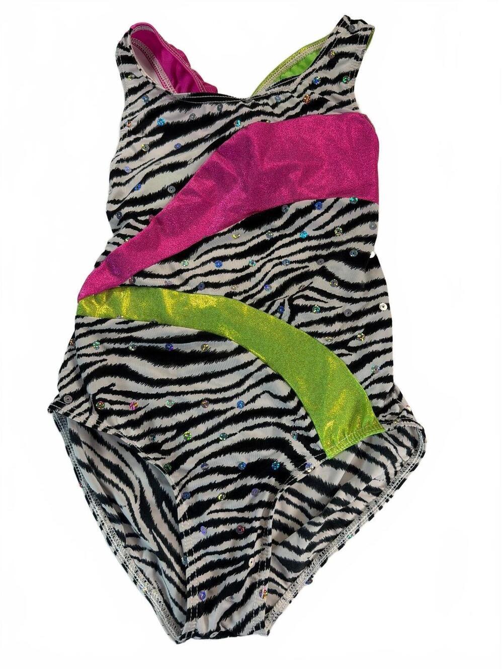 Gymnastics Leotard One-Piece Adult Small Zebra Pink & Green with Sparkle Balera